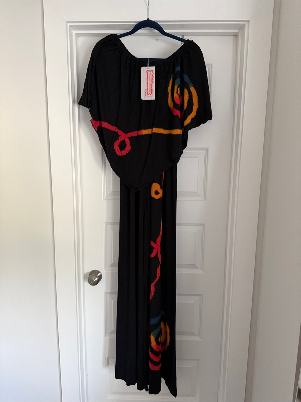 Black Maxi Jumpsuit with Colorful Abstract Swirl Accents